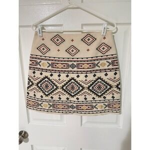 Blu Pepper Women Cream Embroidered Geometric Tribal Mini Skirt Large Boho Canvas